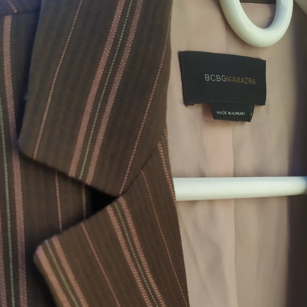 BCBG Max Azria Women's Blazer Brown Striped Two Button Lined Work Suit Jacket M